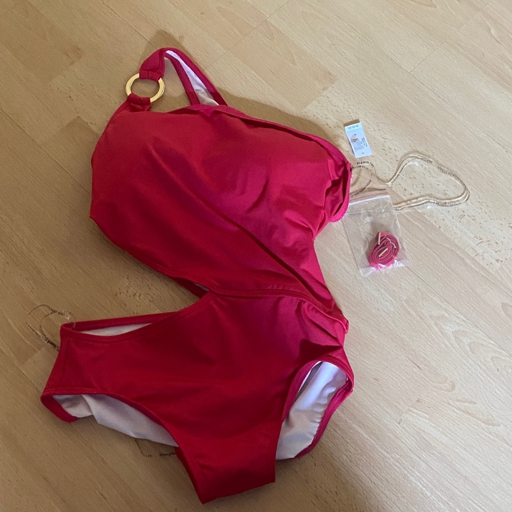 Pink One-Piece Swimsuit with Gold Ring Detail
